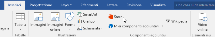 Screenshot di una sezione della scheda Inserisci sulla barra multifunzione di Word con un cursore che punta allo Store. Selezionare Store per accedere a Office Store e cercare i componenti aggiuntivi per Word.
