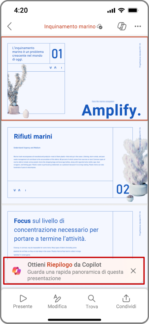 Screenshot di Copilot in PowerPoint nel dispositivo iOS con il prompt Ottieni riepilogo evidenziato