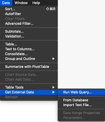 Per eseguire una query Web in un Mac, passare a Dati > Carica dati esterni > Esegui query Web