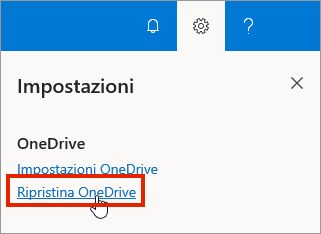 Menu Impostazioni di OneDrive for Business online con opzione Ripristina evidenziata