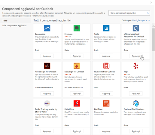 Screenshot che mostra la pagina Componenti aggiuntivi per Outlook.