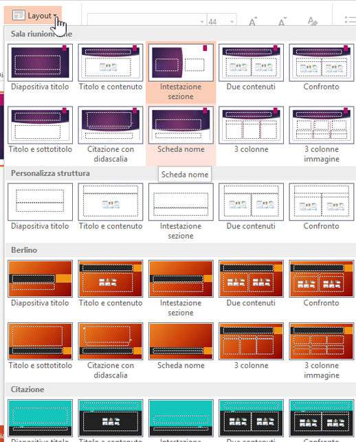 Fare clic sulla freccia a discesa accanto a Layout per la selezione degli schemi