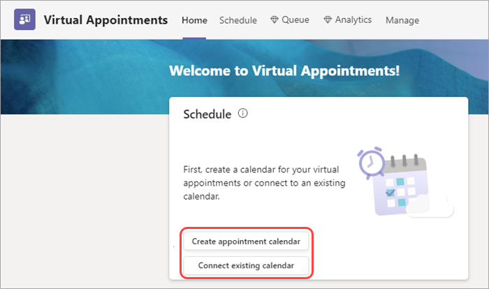 Screenshot delle opzioni del calendario dell'appuntamento virtuale nella scheda Home