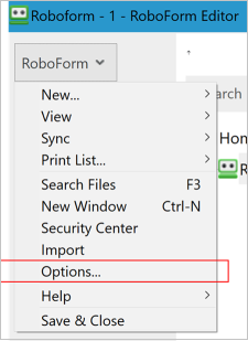 Menu delle opzioni di Roboform per il desktop