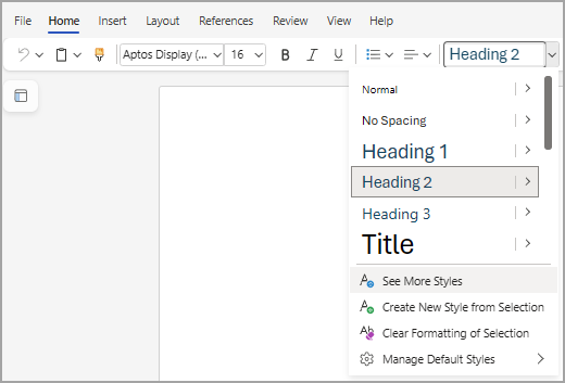 Mostra l'elenco Stili in Word per il Web, con l'opzione "Visualizza altri stili" evidenziata nella parte inferiore dell'elenco.