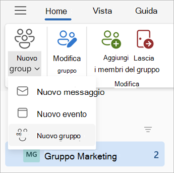 Sulla barra multifunzione del dashboard di Gruppi selezionare Nuovo gruppo > Nuovo gruppo