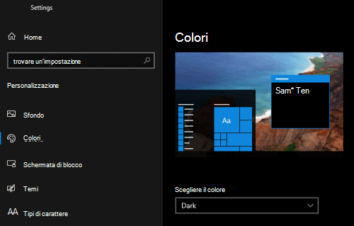 La modalità scura di Windows selezionata nelle impostazioni di personalizzazione di un PC.