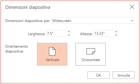 Nella finestra di dialogo Dimensioni diapositiva è possibile scegliere tra formato standard e formato widescreen e tra orientamento orizzontale e verticale.