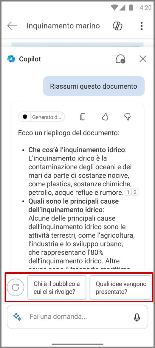Screenshot di Copilot in Word nel dispositivo Android con domande di completamento evidenziate