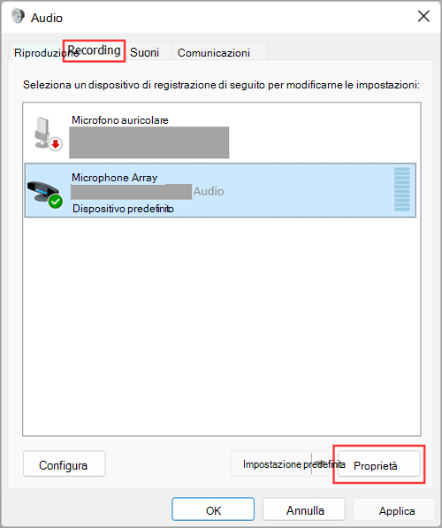 Accedere alle proprietà del dispositivo di input audio nelle Impostazioni audio in Windows 11.