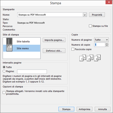 Opzioni relative alla stampante nella finestra di dialogo Stampa di Outlook