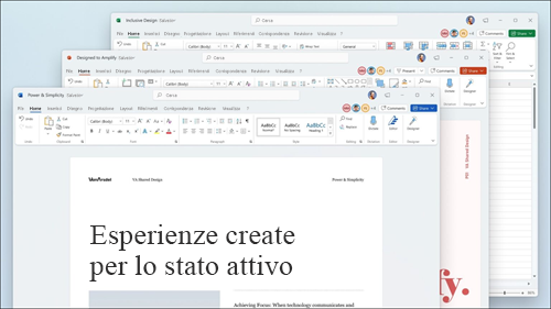 Word, Excel e PowerPoint visualizzati con aggiornamenti visivi sulla barra multifunzione e angoli arrotondati per adattarli all’interfaccia utente di Windows 11.