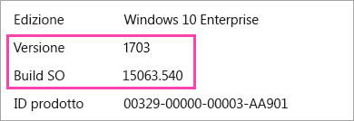 Screenshot con la versione e il numero di build di Windows