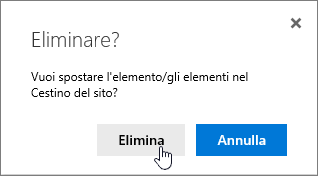 Messaggio di conferma dell'eliminazione dell'elemento con l'opzione Elimina evidenziata