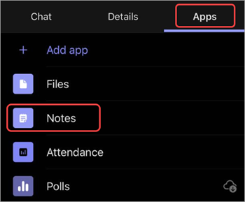 Screenshot che mostra come accedere alle note da una precedente riunione di Teams su dispositivi mobili