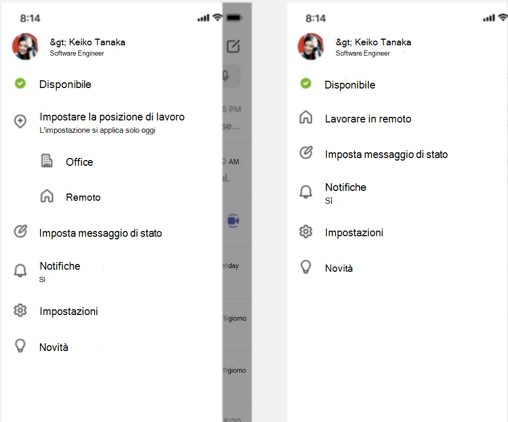 screenshot del menu per dispositivi mobili con l'opzione luogo di lavoro