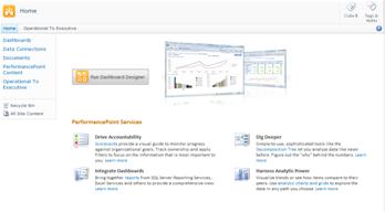 Modello di sito di PerformancePoint che semplifica l'individuazione di informazioni aggiuntive su PerformancePoint Services e l'esecuzione di PerformancePoint Dashboard Designer