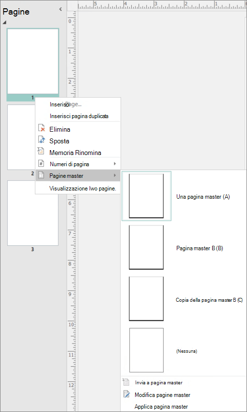 Screenshot che mostra l'opzione del menu di scelta rapida selezionata per Pagine master con le opzioni della pagina master disponibili.