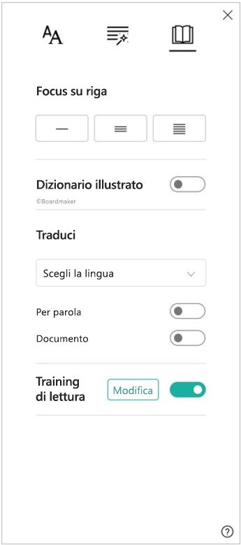 Screenshot del pannello delle preferenze di lettura dello strumento di lettura immersiva, che mostra le opzioni per il focus su riga, il dizionario visuale, la traduzione e il training di lettura. 
