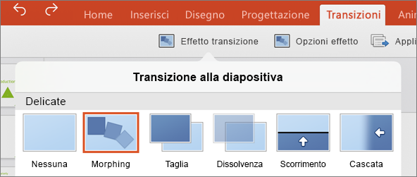 Transizione Morphing nel menu Transizioni di PowerPoint 2016 per iPad