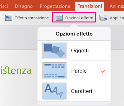 Opzioni effetto per la transizione Morphing in PowerPoint 2016 per iPad