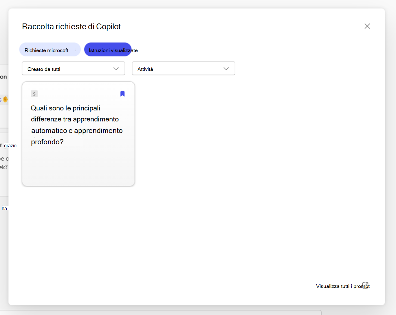 Raccolta richieste di Copilot finestra di dialogo che mostra i prompt salvati con opzioni di filtro come attività e tipo di processo.