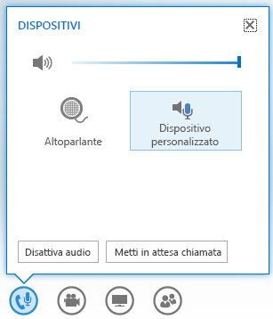 Schermata delle opzioni visualizzate quando si posiziona il puntatore del mouse sul pulsante dell'audio