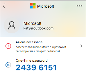 Screenshot che mostra il codice password una tantum di Microsoft Authenticator.