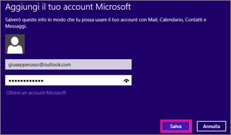 Pagina Aggiungi il tuo account Microsoft di Windows 8 Mail