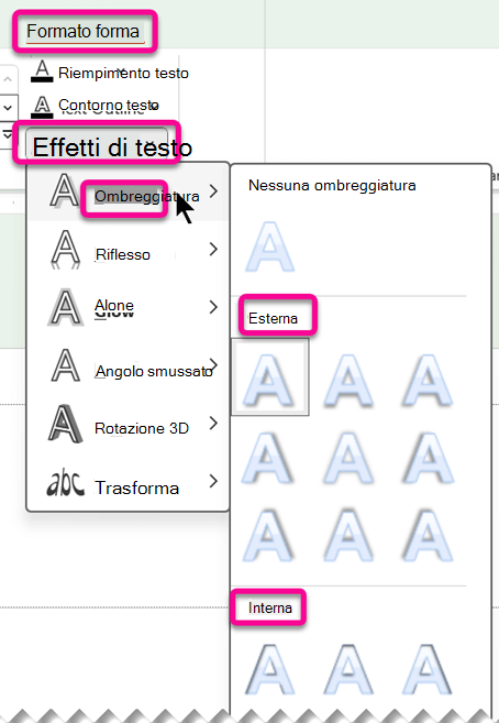 Nel menu Effetti testo della scheda Formato forma sono disponibili le opzioni effetto ombreggiatura.