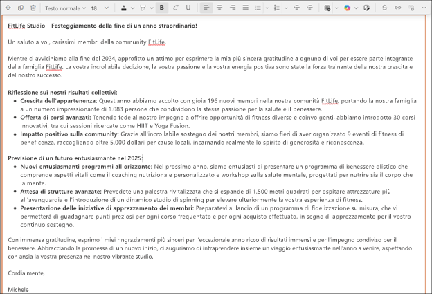 Screenshot di un testo più lungo suggerito da Copilot nell'editor di testo RTF di SharePoint