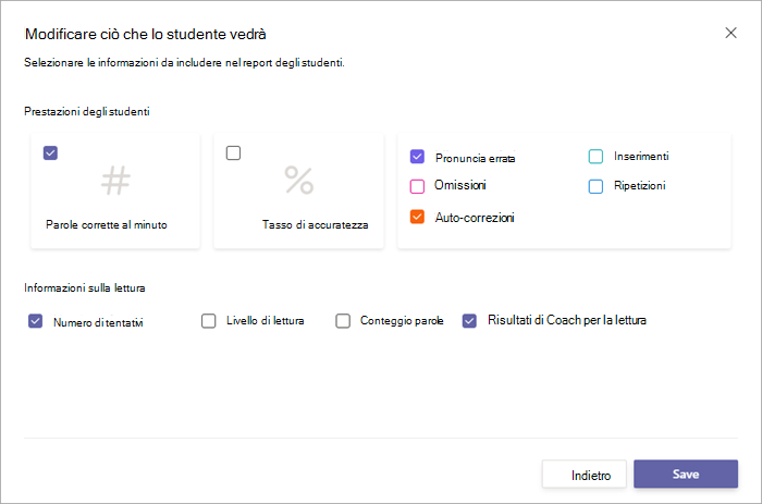 Screenshot delle opzioni per tornare allo studente. le caselle di controllo possono essere usate per ridurre la quantità di dati restituiti allo studente.