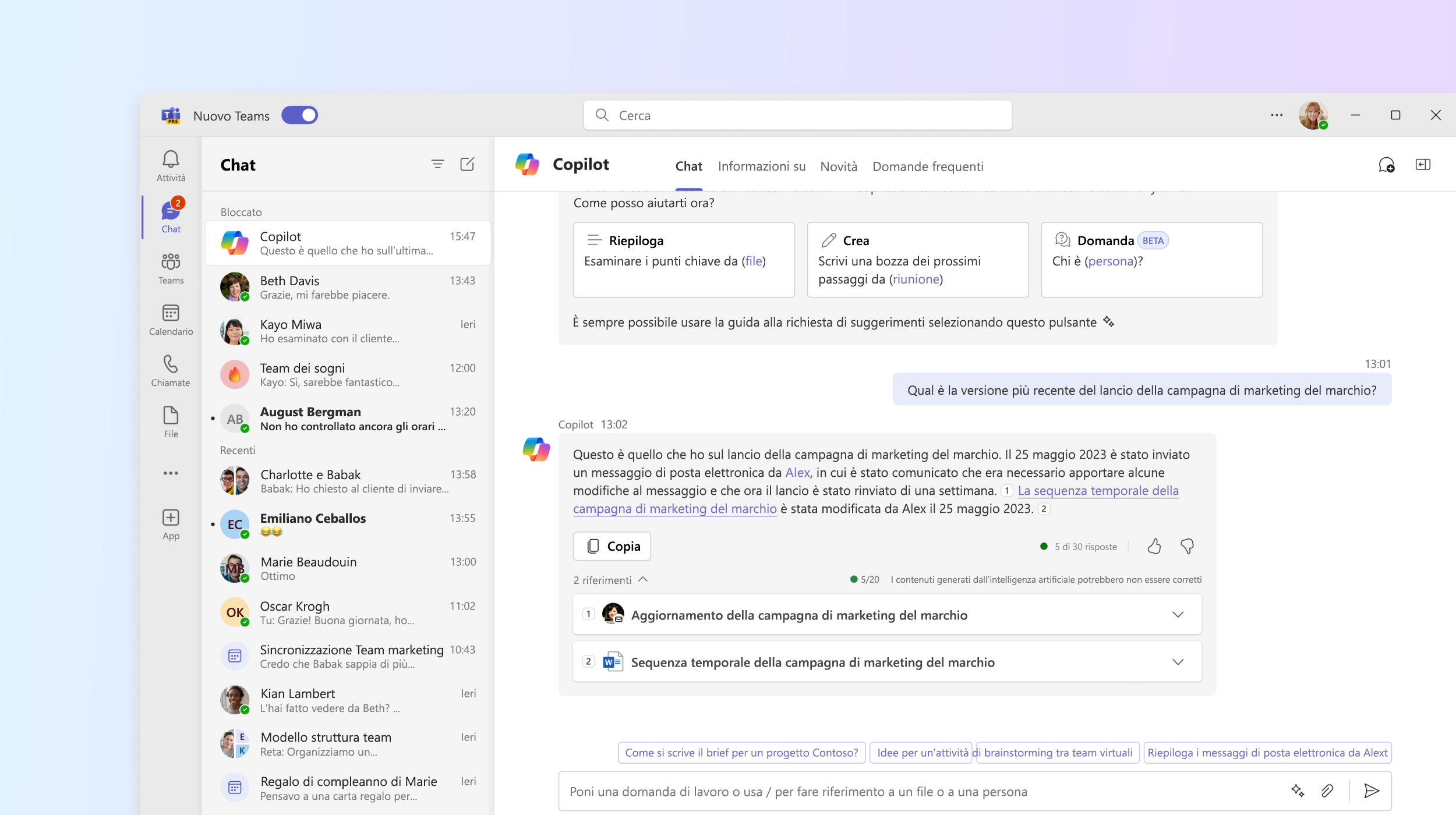 Screenshot che mostra l'app Microsoft 365 Copilot in Teams.