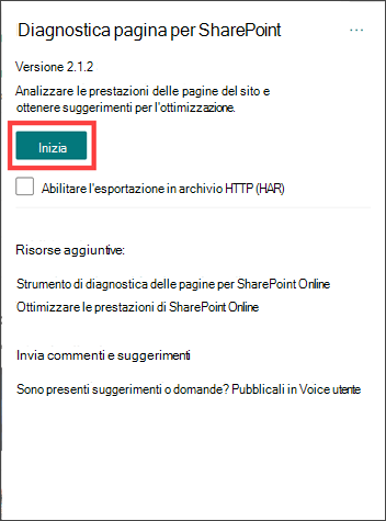 Diagnostica pagina per SharePoint estensione con il pulsante Start evidenziato