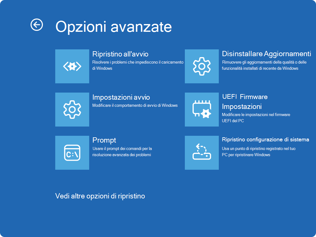 Screenshot della schermata Windows RE - Opzioni avanzate.