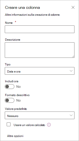 Screenshot del riquadro Crea una colonna che è possibile usare per aggiungere colonne agli elenchi.