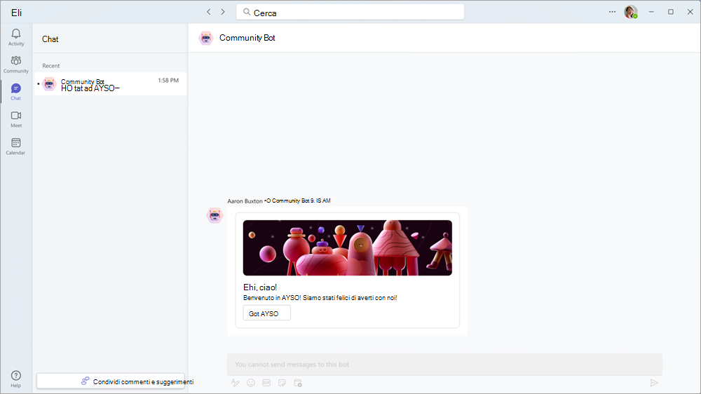 Screenshot che mostra un messaggio da un bot della community.