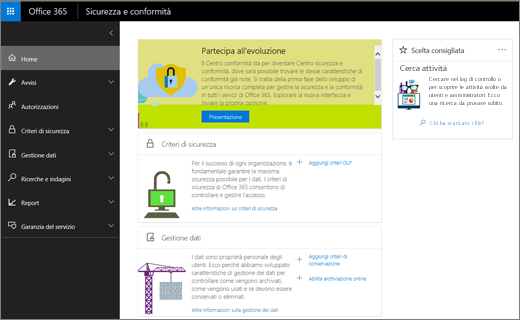 Screenshot della home page del Centro sicurezza e conformità di Office 365.