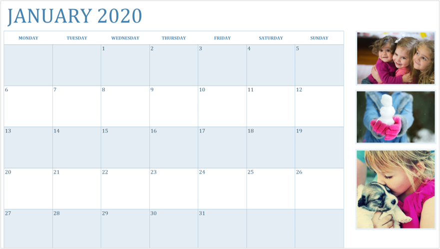 Immagine di un calendario di gennaio 2020 con foto