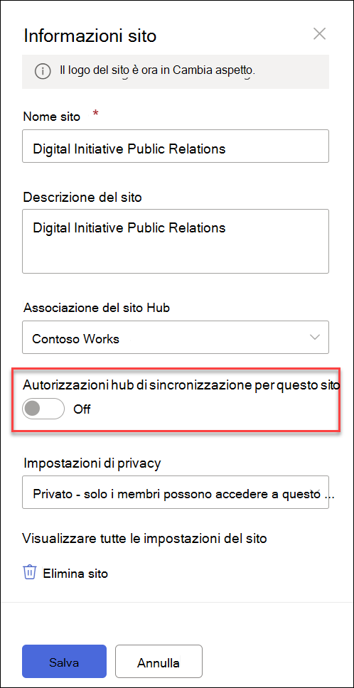 screenshot dell'interruttore di sincronizzazione dei siti associati