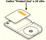 Codice Product Key all'interno della confezione su un'etichetta applicata alla scheda nella parte sinistra della custodia rispetto all'alloggiamento del disco.