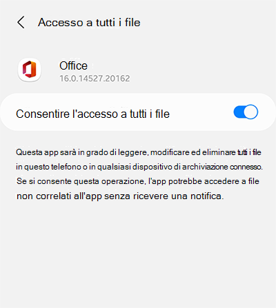 Consenti l'accesso a tutti i file nell'app di Microsoft Office per Android