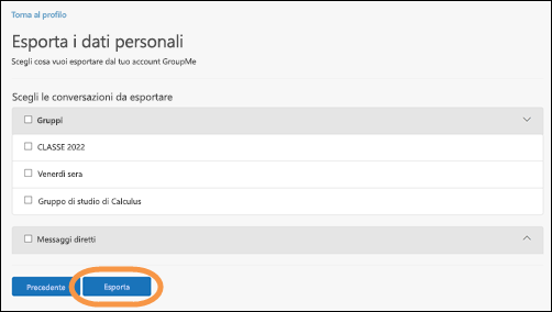 Finestra Esporta dati personali in GroupMe con il pulsante Esporta evidenziato