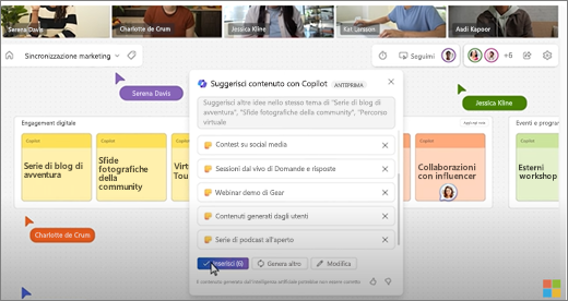 Mostra i suggerimenti di Copilot in Whiteboard durante una riunione di Teams.
