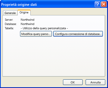 Finestra di dialogo Proprietà origine dati con il pulsante Modifica query personalizzata