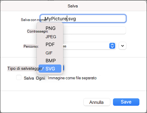 Salvare come finestra di dialogo in Outlook 2021 per Mac con l’opzione SVG selezionata