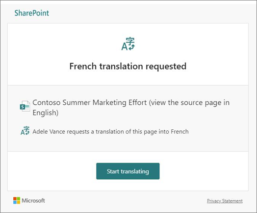 Messaggio e-mail di richiesta di traduzione