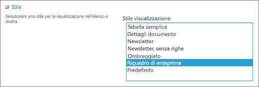 Opzioni per lo stile nella pagina Impostazioni visualizzazione