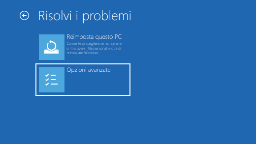 Schermata di risoluzione dei problemi relativi in Ambiente ripristino Windows.