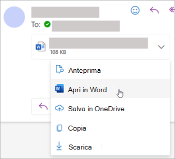 Screenshot che mostra l'elenco a discesa per aprire un allegato in Word